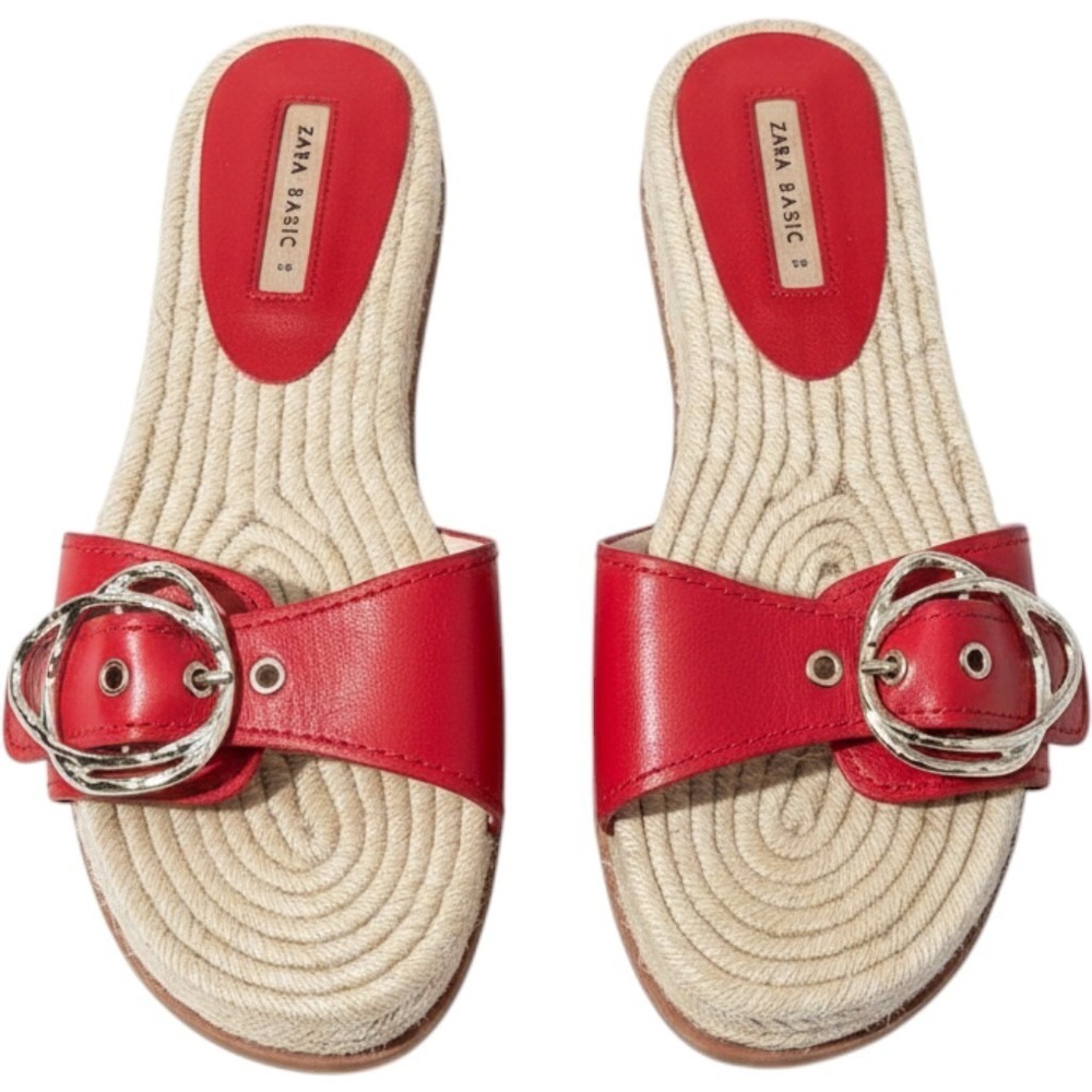 Women's ZARA Basic Red Leather Espadrlle‎ Buckle Flat Sandals Slides sz 8.5 - 39